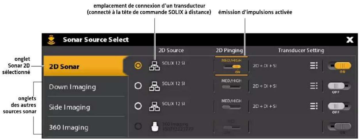 emplacement de connexion d'un transducteur (connecté à la tête de commande SOLIX à distance) émission d'impulsions activée Sonar Source Select 2D Source 2D Pinging Transducer Setting onglet Sonar 2D sélectionné 2D Sonar SOLIX 12 SI MED/High ON 2D + DI + SI ≡ ON Down Imaging SOLIX 12 SI MED/High 2D + DI + SI ≡ OFF Side Imaging SOLIX 12 SI MED/High 2D + DI + SI ≡ OFF 360 Imaging 150712422777 360 Imaging