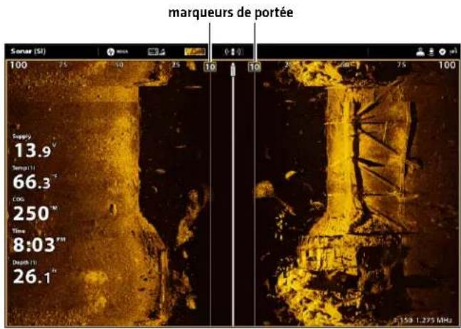 marqueurs de portée Sonar (Si) 100 25 50 25 10 10 75 100 Supply 13.9 V Temp (1) 66.3 V COG 250 M Time 8:03 PM Depth (1) 26.1 Fz 159 1.275 MHz