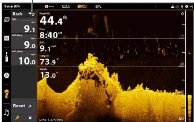Sonar (DI) Back 500 9.1 500 (Gray) 9.0 500 (Blue) 10.0 Depth (T) 44.4 ft Time 8:40 AM SOG 9.1 mph Temp (T) 73.9 ° Supply 13.0 ° Reset > 1,150-1,275 MHz 60