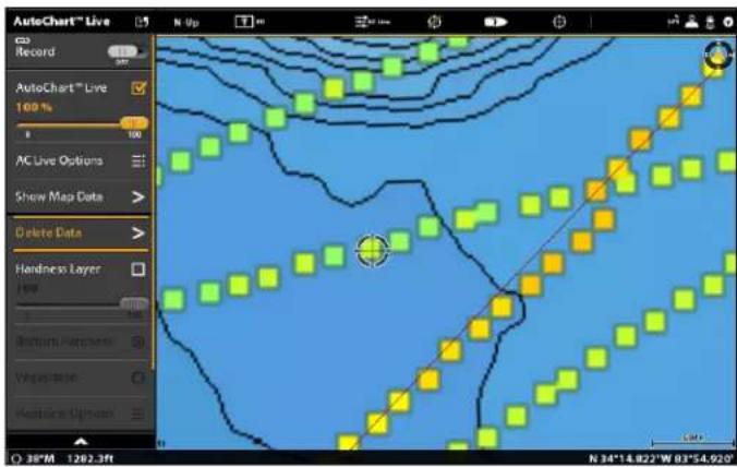 AutoChart™ Live Record AutoChart™ Live 100% 8 AC Live Options Show Map Data Delete Data Hardness Layer Jew Bottom Hatching Watercolor Redraw Edge 36°M 1202.3ft N Up N 34°14.822"W 03°54.920"
