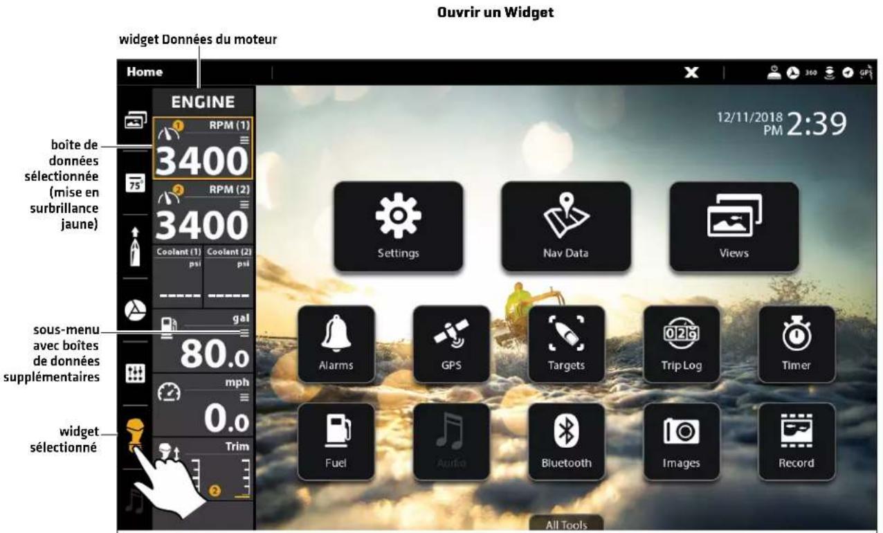 Ouvrir un Widget widget Données du moteur Home ENGINE RPM (1) 3400 boîte de données sélectionnée (mise en surbrillance jaune) 3400 coolant (1) Coolant (2) psi psi Settings Nav Data Views sous-menu avec boîtes de données supplémentaires gal 80.0 mph 0.0 widget sélectionné Trim All Tools 12/11/2018 PM 2:39 Fuel Audio Bluetooth Images Record