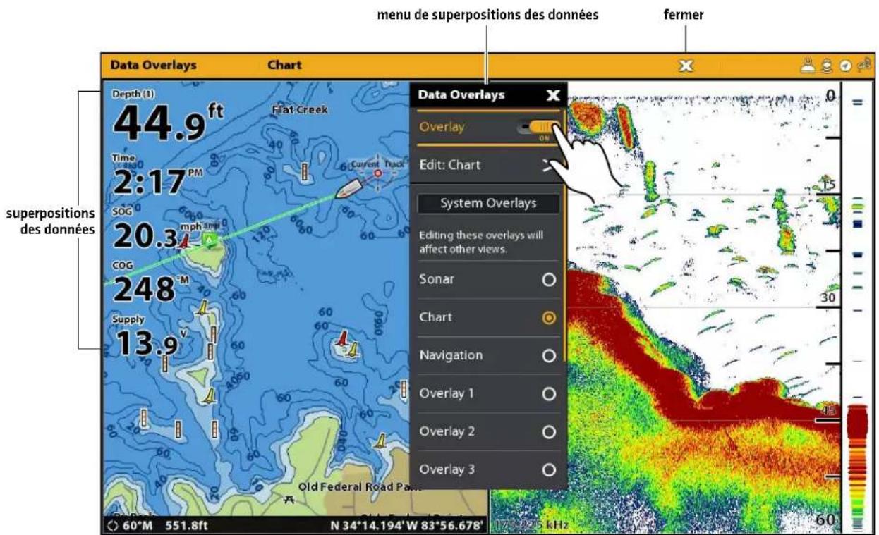 menu de superpositions des données fermer Data Overlays Chart Depth (1) 44.9 ft Flat Creek Time 2:17 PM SOG 20.3 mph Current Track COG 248 M Supply 13.9 Edit: Chart System Overlays Editing these overlays will affect other views. Sonar Chart Navigation Overlay 1 Overlay 2 Overlay 3 60°M 551.8ft N 34°14.194'W 83°56.678' Old Federal Road Pa#