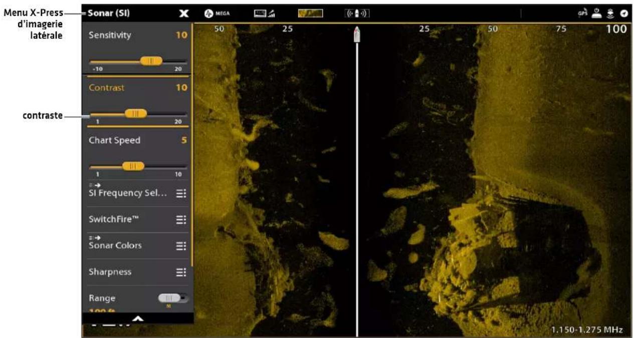Menu X-Press d'imagerie latérale Sonar (SI) Sensitivity 10 -10 20 Contrast 10 contraste 1 20 Chart Speed 5 1 10 SI Frequency Sel... SwitchFire™ Sonar Colors Sharpness Range 1.150-1.275 MHz