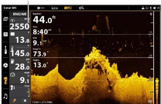 Sonar (DT) ENGINE 2550 13.8 145.0 gal 28.0 mph 9.1 Trans Depth (ft) 44.0 ft Time: 8:40 AM 15 SOG 9.1 Temp (°C) 73.9 °F 30 Supply 13.0 °F 1.150-1.275 MHz 60