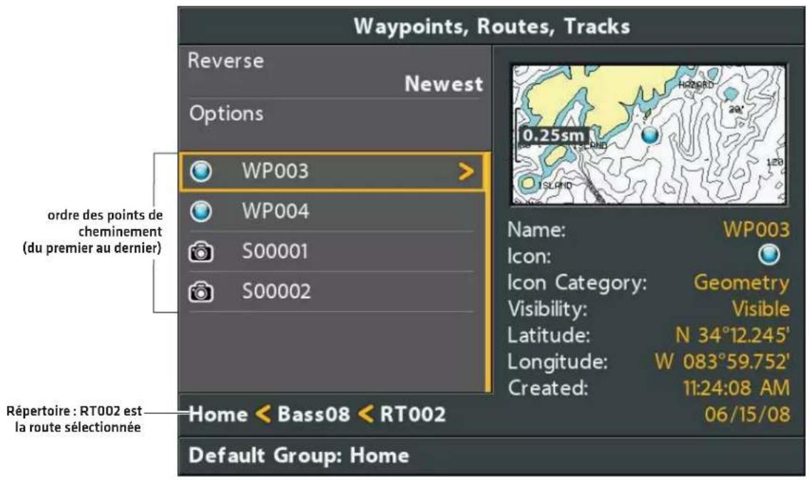 Waypoints, Routes, Tracks Reverse Newest Options ordre des points de cheminement (du premier au dernier) WP003 WP004 S00001 S00002 Name: WP003 Icon: Icon Category: Geometry Visibility: Visible Latitude: N 34°12.245' Longitude: W 083°59.752' Created: 11:24:08 AM 06/15/08 Répertoire : RT002 est la route sélectionnée Home < Bass08 < RT002 Default Group: Home