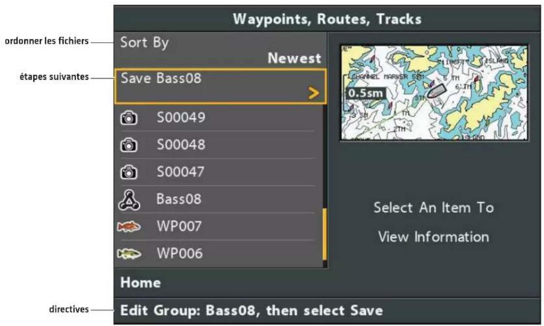 Waypoints, Routes, Tracks ordonner les fichiers Sort By Newest étapes suivantes Save Bass08 S00049 S00048 S00047 Bass08 WP007 WP006 Home select An Item To View Information Edit Group: Bass08, then select Save