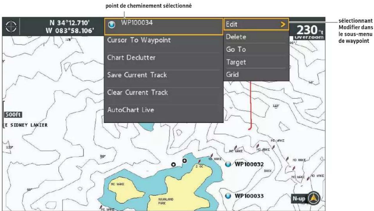 point de cheminement sélectionné N 34°12.710' W 083°58.106' WP100034 Edit 230°t Overzoom cursor To Waypoint Go To Target Grid Chart Declutter Save Current Track Clear Current Track AutoChart Live 500ft LE SIDNEY LANIER WP100032 DOCK NO WAKE DOWNLAND PARK WP100033 N-up sélectionnant Modifier dans le sous-menu de waypoint