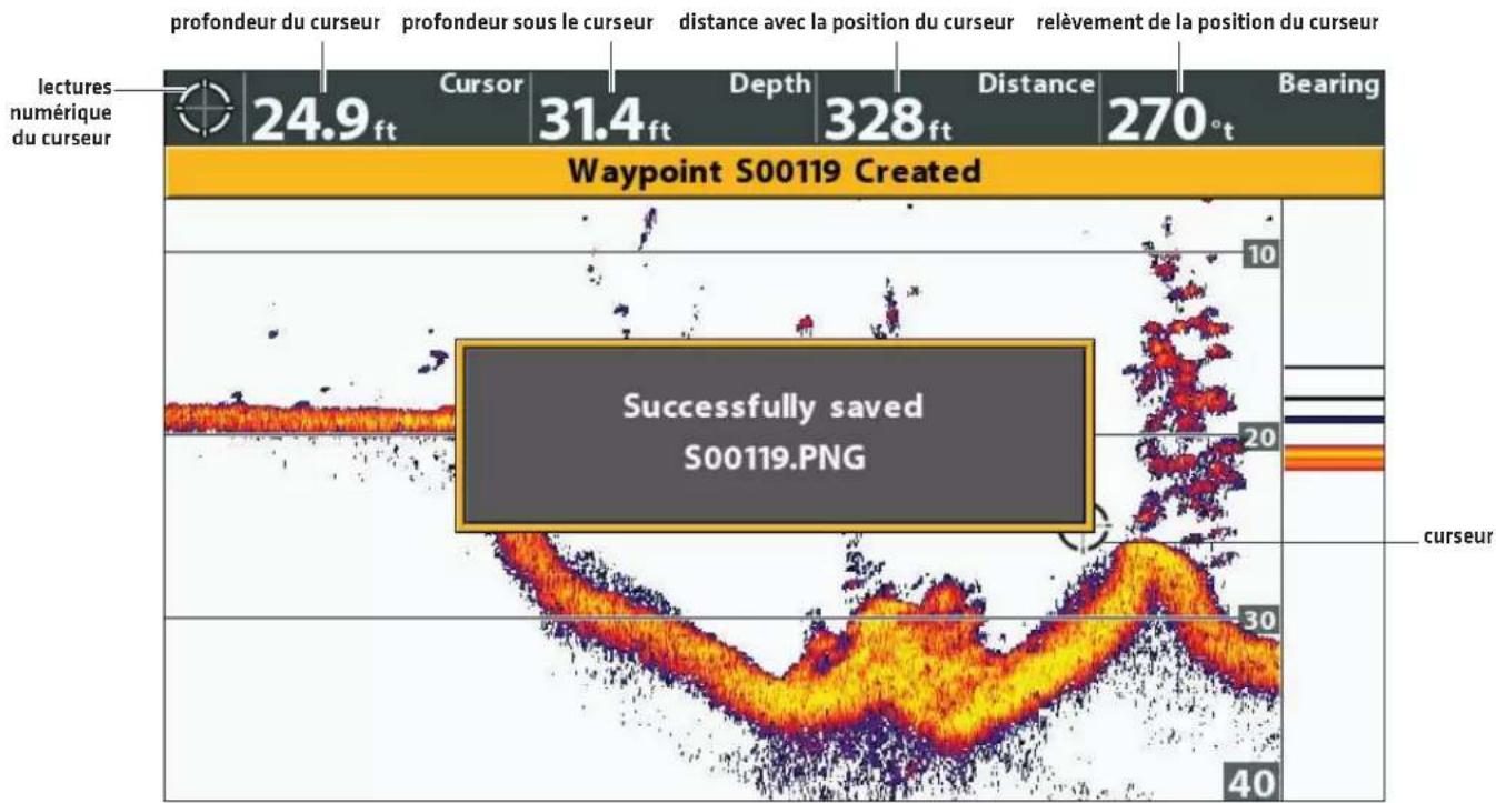 profondeur du curseur profondeur sous le curseur distance avec la position du curseur relèvement de la position du curseur lectures numérique du curseur 24.9 ft Cursor 31.4 ft Depth 328 ft Distance 270° t Bearing Waypoint S00119 Created Successfully saved S00119.PNG 10 20 30 40 curseur
