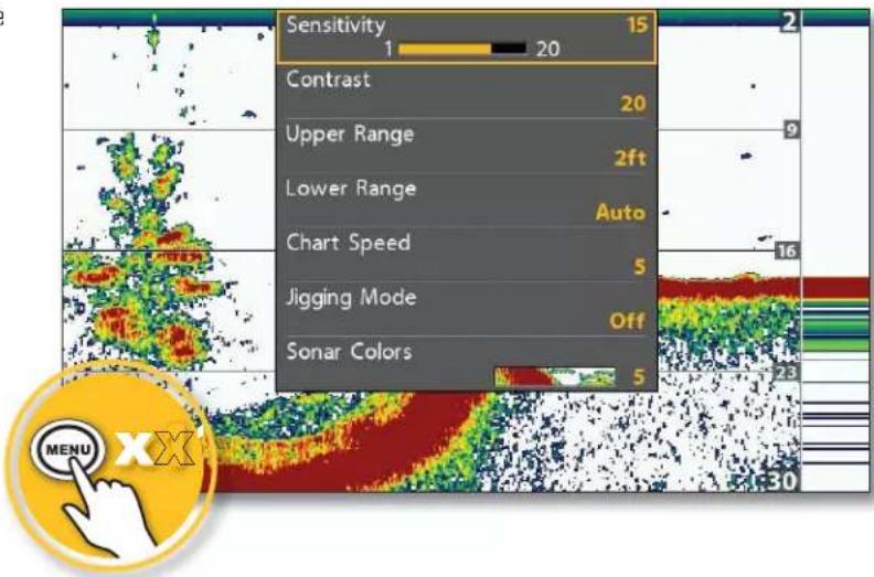 Sensitivity 15 1 20 Contrast 20 Upper Range 2ft Lower Range Auto Chart Speed 5 Jigging Mode Off Sonar Colors 5 MENU XXI