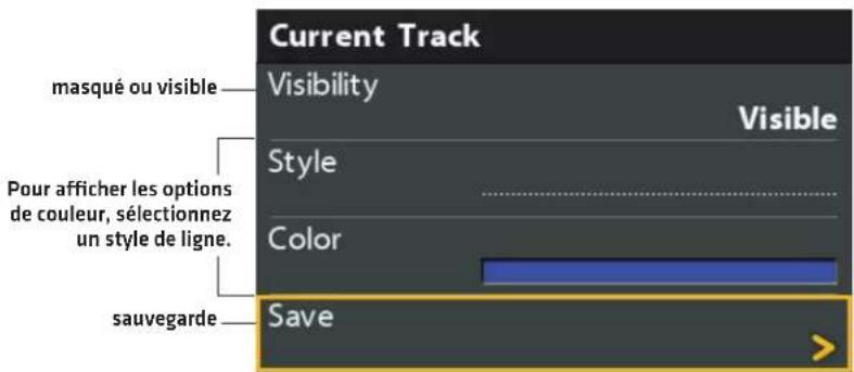 Current Track masqué ou visible Visibility Visible Style Color Pour afficher les options de couleur, sélectionnez un style de ligne. sauvegarde Save
