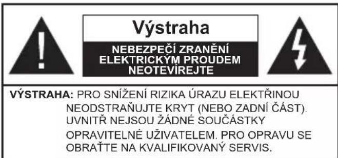 Výstraha NEBEZPEČÍ ZRANĚNÍ ELEKTRICKÝM PROUDEM NEOTEVÍREJTE VÝSTRAHA: PRO SNÍŽENÍ RIZIKA ÚRAZU ELEKTŘINOU NEODSTRAŇUJTE KRYT (NEBO ZADNÍ ČÁST). UVNITŘ NEJSOU ŽÁDNÉ SOUČÁSTKY OPRAVITELNÉ UŽIVATELEM. PRO OPRAVU SE OBRAŤTE NA KVALIFIKOVANÝ SERVIS.