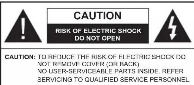 CAUTION RISK OF ELECTRIC SHOCK DO NOT OPEN CAUTION: TO REDUCE THE RISK OF ELECTRIC SHOCK DO NOT REMOVE COVER (OR BACK). NO USER-SERVICEABLE PARTS INSIDE. REFER SERVICING TO QUALIFIED SERVICE PERSONNEL.