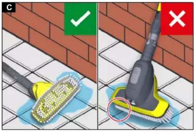 Diagram illustrating two cleaning methods: one using a brush on tiled floor, the other applying a power tool to a surface with a red circle highlighting a defect.