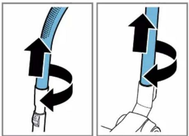 Diagram showing two steps of a cable or hose assembly with black arrows indicating rotation direction (no text or symbols present).