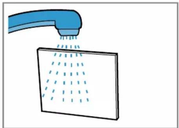 Illustration of a blue showerhead spraying water onto a white square surface (no text or symbols).