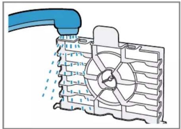 Diagram of a fan blade with water spray and a blue tool, showing internal structure (no text or symbols).