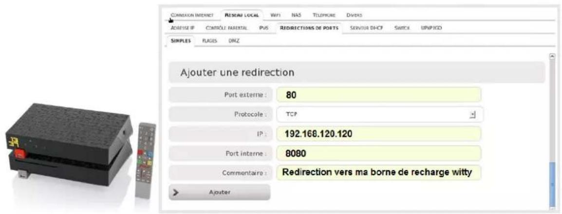 Connection Internet RESEARCH LOCAL WiFi NAS TELEPHONE DIVERS ADVERSE IF CONTROLE FASSENTAL IP6 REDIRECTIONS DE PORTS SERVIER DHCP SNATCH UNIPHGD SIMPLES PLAGES ONZ Ajouter une redirection Port externe : 80 Protocole : TCP IP : 192.168.120.120 Port interne : 8080 Commentaire : Redirection vers ma borne de recharge witty Ajouter