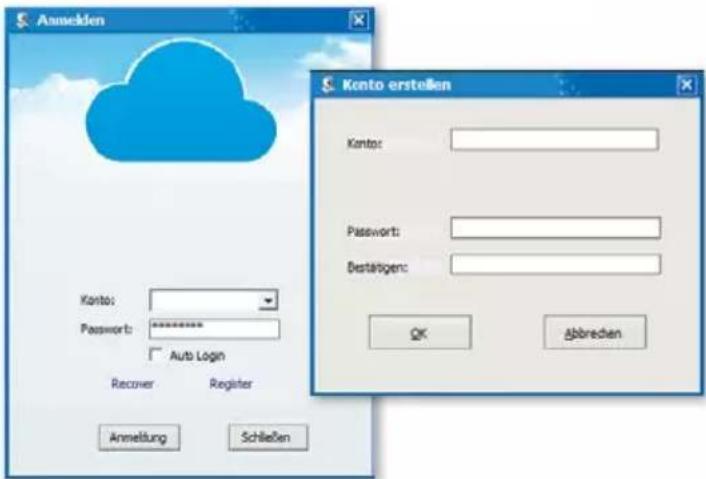 Anmelden Konto erstellen Konto: Password: Befristigen: OK Abbrecken Konto: Password: Befristigen: Recover Register Anmeldung Schließen