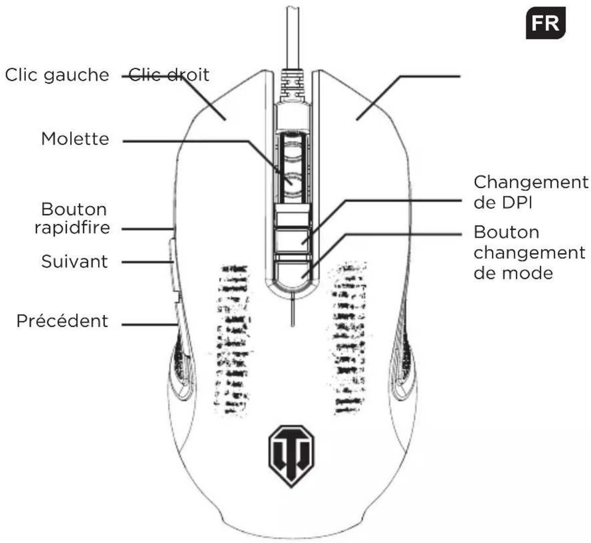 Clic gauche Clic droit Molette Bouton rapidfire Suivant Précédent Changement de DPI Bouton changement de mode FR