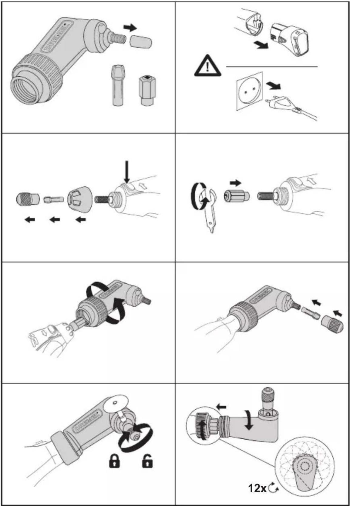 Illustration showing a sequence of mechanical tool states with labeled diagrams and directional arrows, including a 12x speed limit symbol.