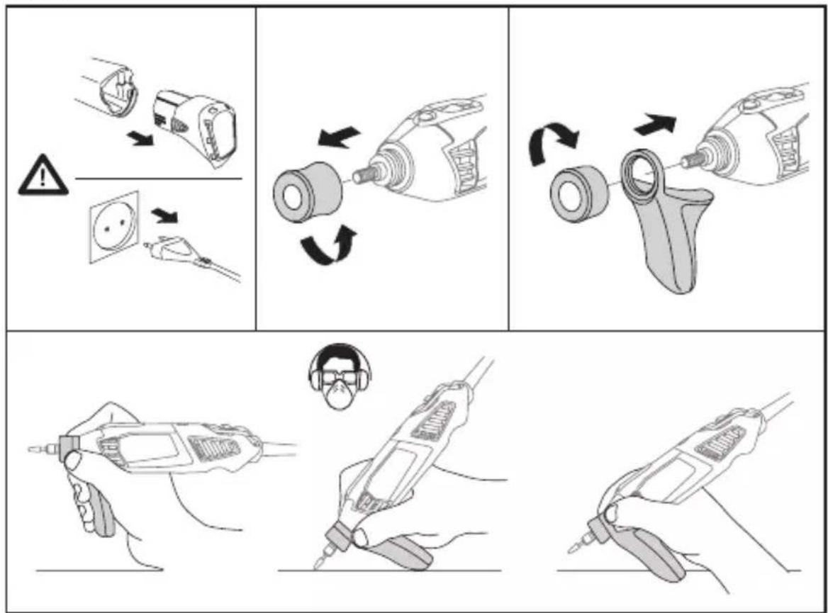 Diagram illustrating a step-by-step assembly of a hand tool, showing how to move from a device to a tool with a warning symbol.