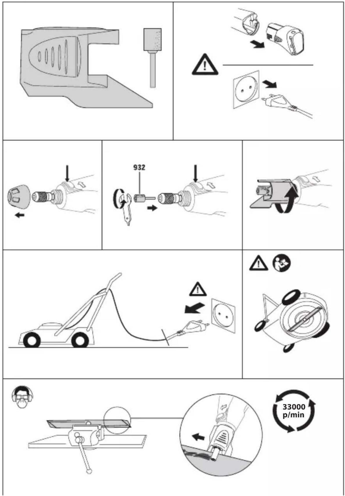 Technical diagram illustrating a mechanical assembly process with labeled components and warning symbols
