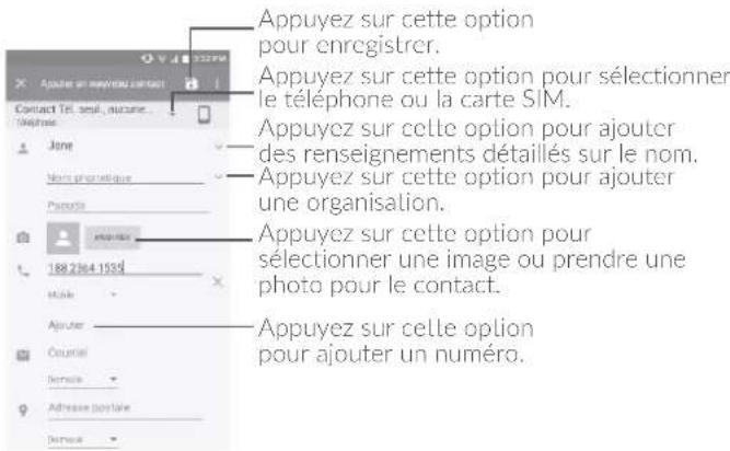 Appuyez sur cette option pour enregistrer. Appuyez sur cette option pour sélectionner le téléphone ou la carte SIM. Appuyez sur cette option pour ajouter des renseignements détaillés sur le nom. Appuyez sur cette option pour ajouter une organisation. Appuyez sur cette option pour sélectionner une image ou prendre une photo pour le contact. Appuyez sur celle option pour ajouter un numéro.