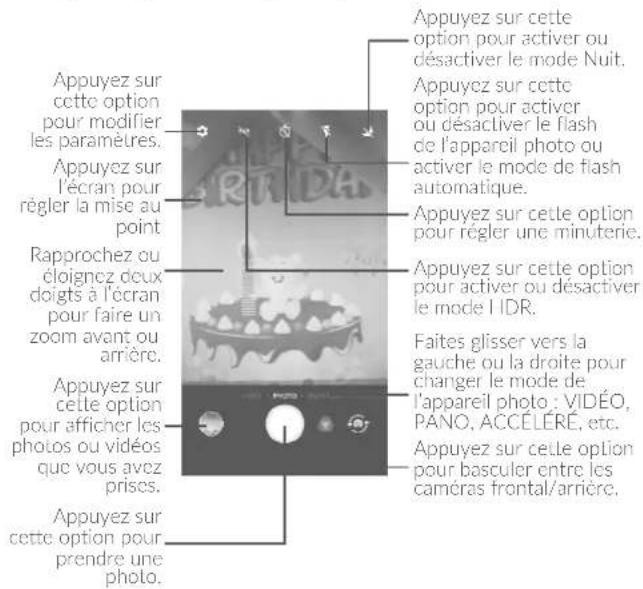 Appuyez sur cette option pour activer ou désactiver le mode Nuit. Appuyez sur cette option pour activer ou désactiver le flash de l'appareil photo ou activer le mode de flash automatique. Appuyez sur cette option pour régler une minuterie. Appuyez sur cette option pour activer ou désactiver le mode I IDR. Faites glisser vers la gauche ou la droite pour changer le mode de l'appareil photo : VIDÉO, PANO, ACCELÉRE, etc. Appuyez sur cette option pour basculer entre les caméras frontal/arrière. Appuyez sur cette option pour prendre une photo.