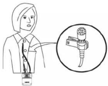 Diagram showing a person holding a device with an inset image of a microphone labeled 'N' and 'R'.