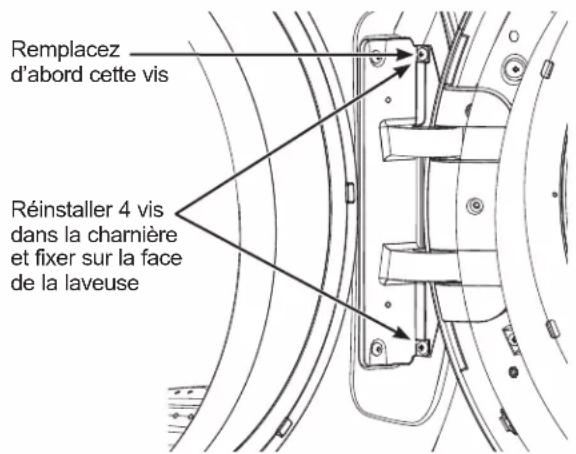 Remplacez d'abord cette vis Réinstaller 4 vis dans la charnière et fixer sur la face de la laveuse
