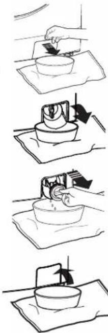 Illustration showing four sequential steps of a hairpin application on a bowl, with arrows indicating the process.