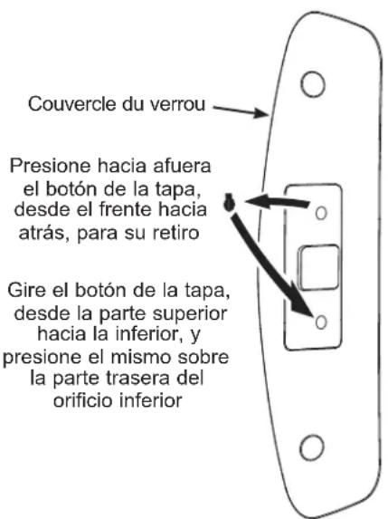 Couvercle du verrou Presione hacia afuera el botón de la tapa, desde el frente hacia atrás, para su retiro Gire el botón de la tapa, desde la parte superior hacia la inferior, y presione el mismo sobre la parte trasera del orificio inferior