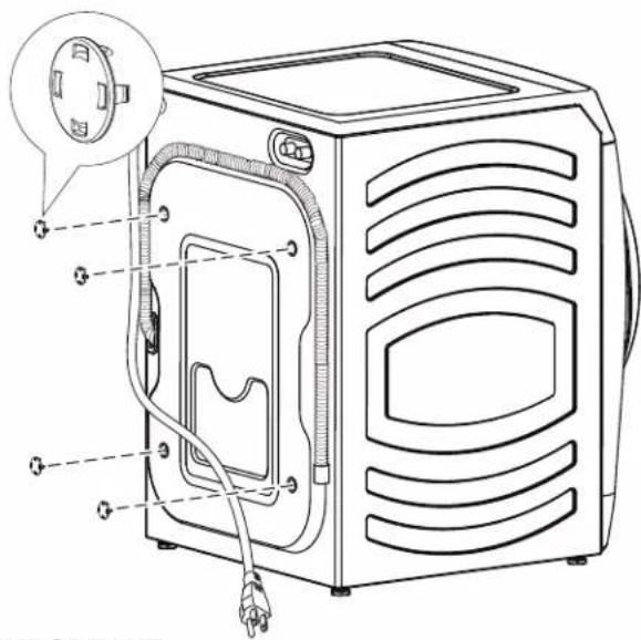 Technical diagram of a washing machine with labeled components and a magnified inset showing a circular component.