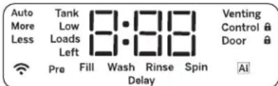 Auto Tank 0:01 Venting More Low Control Less Loads 0:01 Door Left Pre Fill Wash Rinse Spin Delay Al