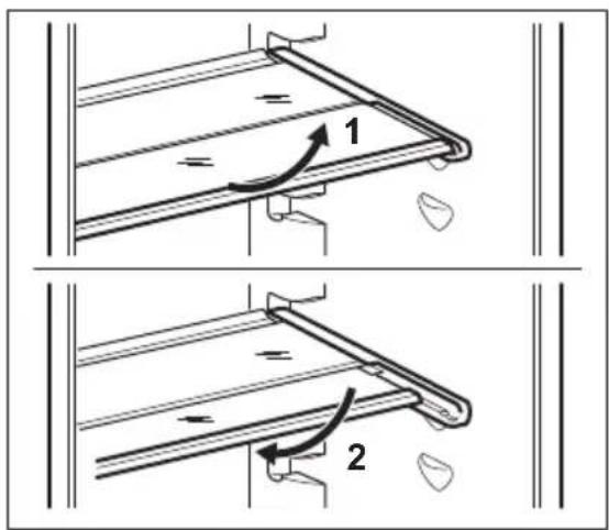 Technical diagram showing two mechanical assembly steps with labeled components and directional arrows indicating motion or movement.