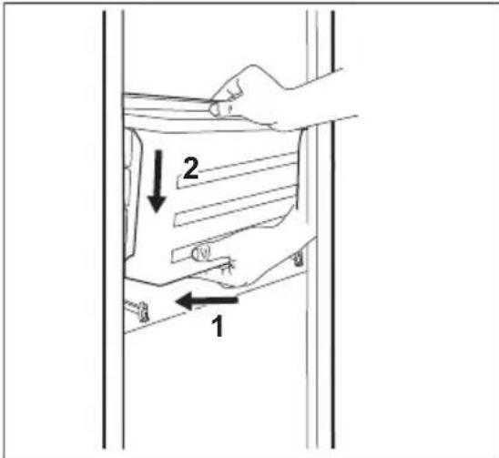 Diagram showing a hand holding a device with labeled parts and directional arrows indicating movement or force.