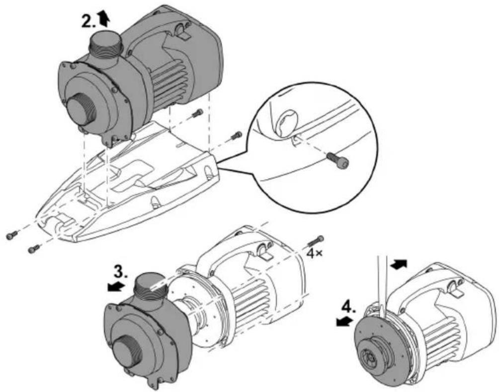 Technical diagram showing four views of an electric motor assembly with numbered components and a magnified detail view.