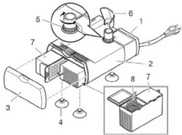 Technical diagram of a mechanical device with numbered components and an inset showing internal components.
