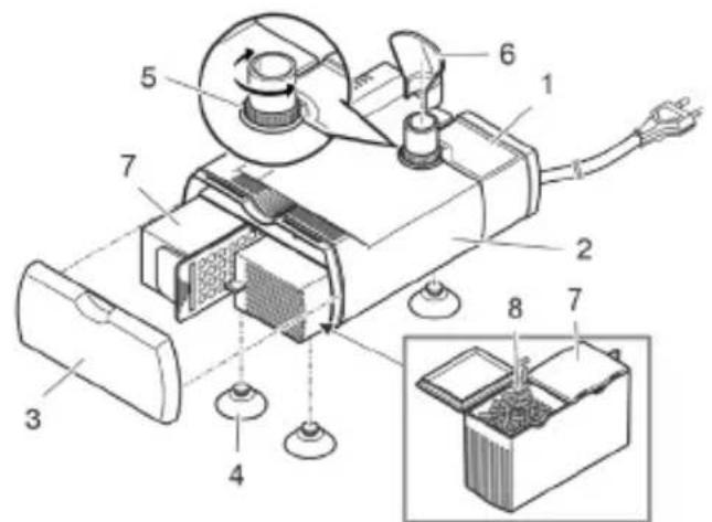 Technical diagram of an electronic device with numbered components and a close-up inset showing internal wiring.