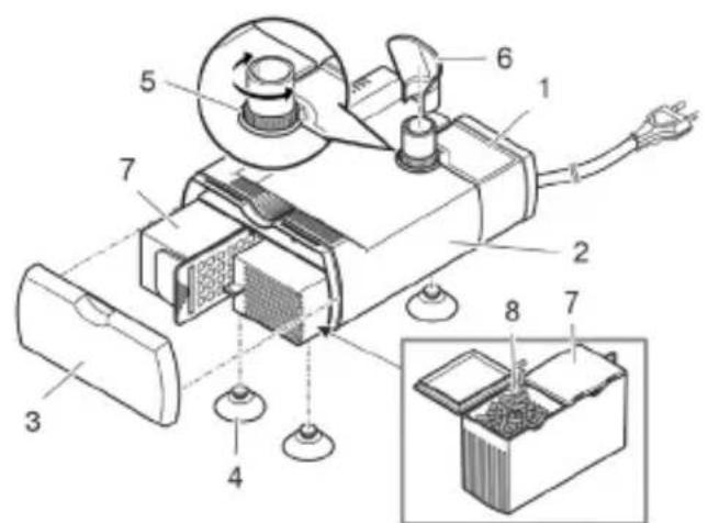 Technical diagram of an electronic device with numbered components and a zoomed-in view of the battery pack