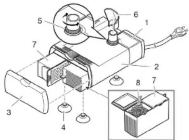 Technical diagram of a battery pack assembly with numbered components and a magnified inset showing internal structure.