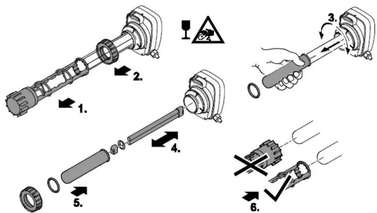 Technical diagram illustrating the assembly steps of a mechanical device with numbered components and warning symbols