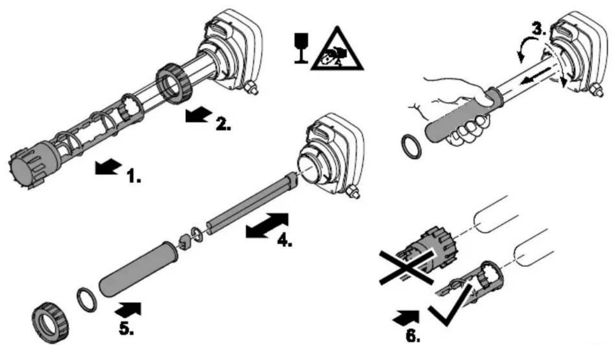 Technical diagram illustrating the step-by-step assembly of a mechanical device with labeled parts and warning symbols.