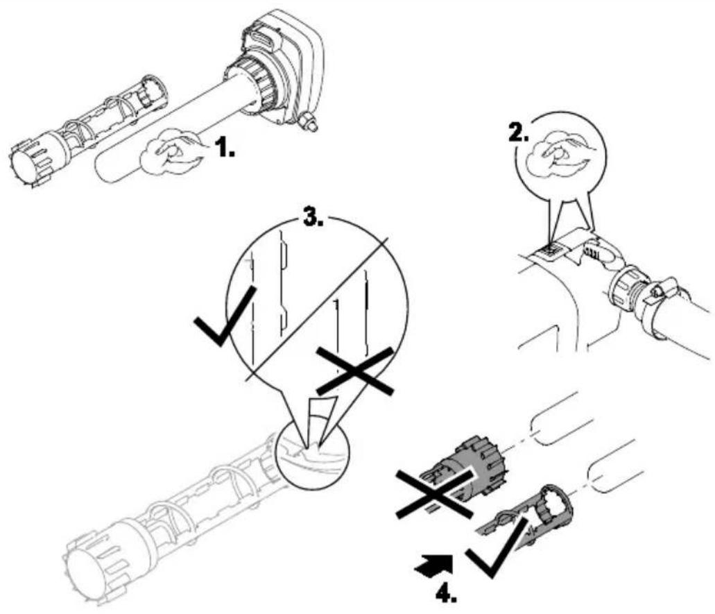 Technical diagram illustrating four steps of mechanical assembly or disassembly, labeled 1 to 4 with Chinese annotations.