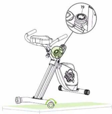 Technical diagram of a stationary exercise bike with labeled parts and an inset showing mechanical components