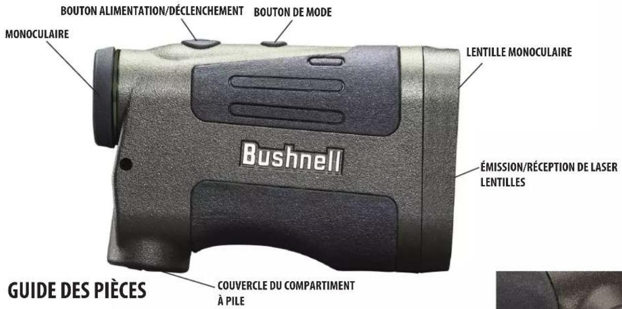 BOUTON ALIMENTATION/DÉCLENCEMENT BOUTON DE MODE MONOCULAIRE LENTILLE MONOCULAIRE Bushnell ÉMISSION/RÉCEPTION DE LASER LENTILLES GUIDE DES PIÈCES COUVERCLE DU COMPARTIMENT À PILE