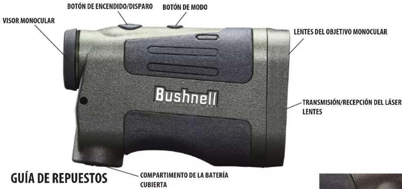 VISOR MONOCULAR BOTÓN DE ENCENDIDO/DISPARO BOTÓN DE MODO LENTES DEL OBJETIVO MONOCULAR Bushnell TRANSMISIÓN/RECEPCIÓN DEL LÁSER LENTES GUÍA DE REPUESTOS COMPARTIMENTO DE LA BATERÍA CUBIERTA