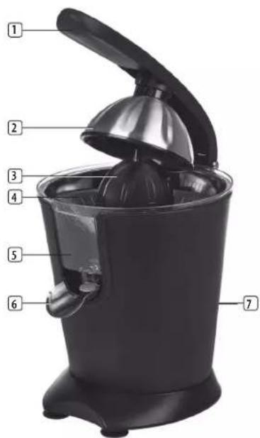 Labeled diagram of a black juice grater with numbered parts for identification