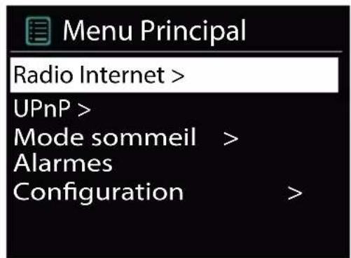 Menu Principal Radio Internet > UPnP > Mode sommeil > Alarmes Configuration >