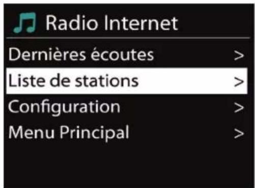 Radio Internet Dernières écoutes > Liste de stations > Configuration > Menu Principal >